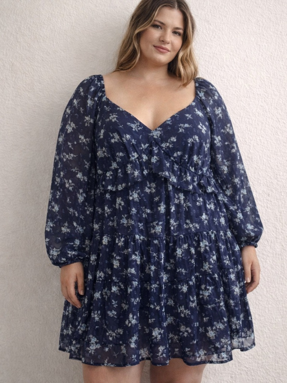 NWT Altar’d State Floral Babydoll Dress XL Blue Ruffle Puff Sleeve Cottagecore